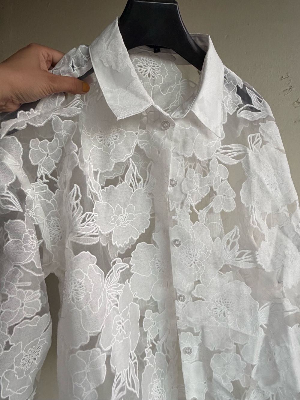 JLUXLABEL White Sheer Floral Lace Button-Down Shirt - Picture 8 of 14